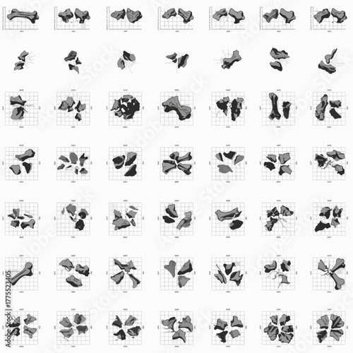 A grid of 3D rendered animal bones and bone fragments, illustrating various states of preservation and breakage for scientific analysis.