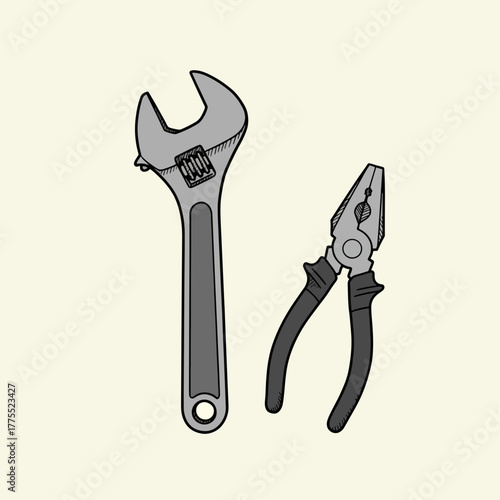 Illustration of a wrench and pliers on a beige background.