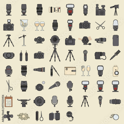 Flat illustration of a vibrant orange and pink cocktail shaker set with bar spoons, jigger, and strainer on a light blue background, perfect for mixology.