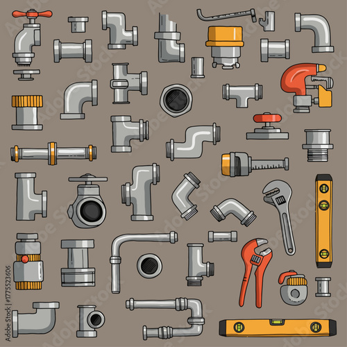 Collection of various plumbing components and tools, arranged on a neutral background.