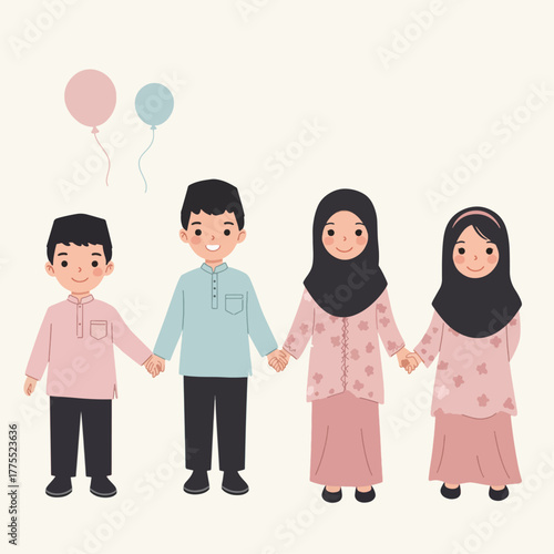 Cute cartoon illustration of four Muslim children, two boys and two girls, holding hands and wearing traditional Malay attire with balloons.