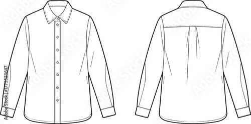 Men shirt, button up shirt, long sleeve shirt, fashion flat sketch, technical drawing, apparel design, clothing template, front back view, vector illustration