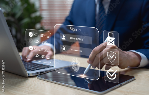 Cybersecurity and identity protection concept showing passwordless login with biometric fingerprint and passkeys on digital devices, ideal for MFA and secure access