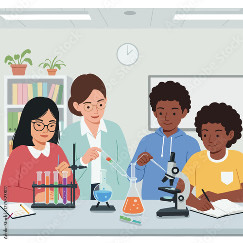 A diverse group of students and their teacher conducting a science experiment in a classroom laboratory with various equipment.