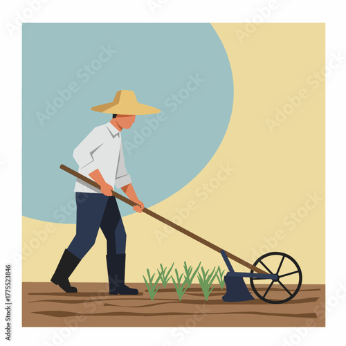 Illustration of a farmer in a straw hat using a manual wheel hoe to cultivate a field with young plants.