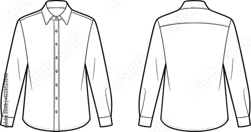 Men shirt, button up shirt, long sleeve shirt, fashion flat sketch, technical drawing, apparel design, clothing template,front back view