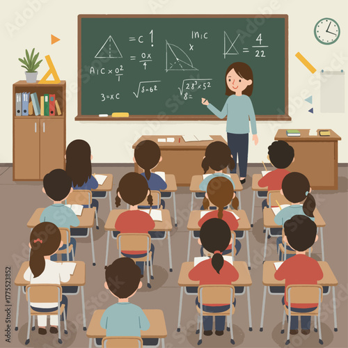 A teacher in a classroom is explaining mathematical formulas on the blackboard to a group of attentive students sitting at their desks.