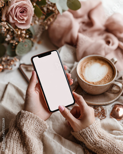 A woman is holding a phone and looking at it