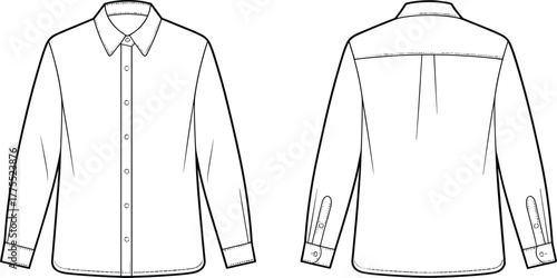 Men shirt, button up shirt, long sleeve shirt, fashion flat sketch, technical drawing, apparel design, clothing template, tailoring illustration, front back view