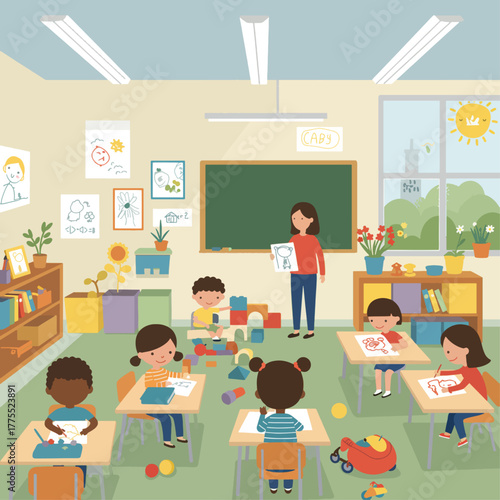 A colorful illustration of a busy kindergarten classroom with a teacher and diverse children engaged in learning and play activities.