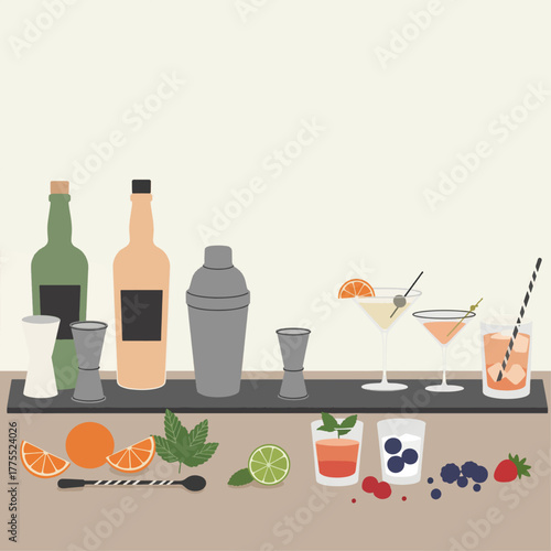 An illustration of a bar counter with various alcoholic drinks, bottles, cocktail shaker, jiggers, and fresh fruit garnishes for mixology.