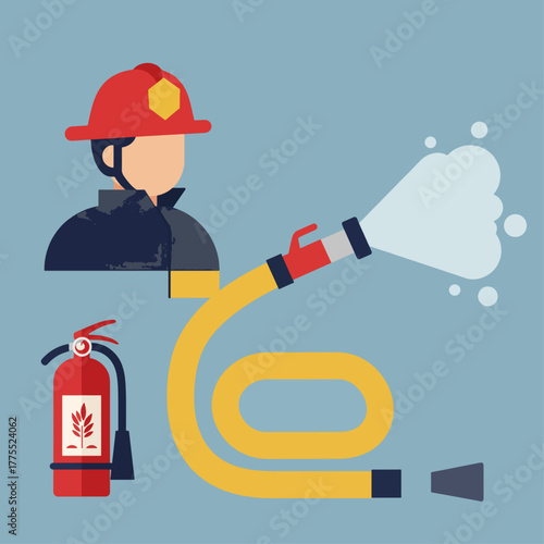 Flat design illustration of a firefighter spraying water from a hose next to an extinguisher.