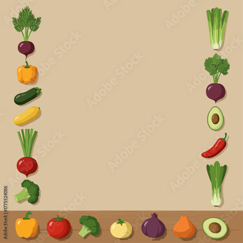 Vegetable border design with various fresh produce arranged on a neutral background.