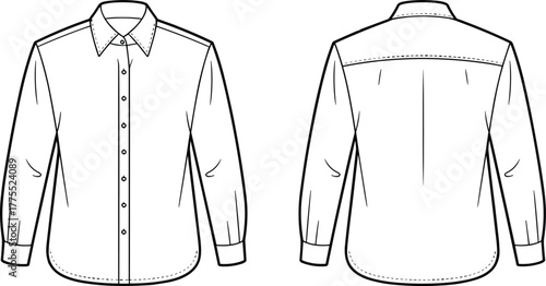 Men shirt, button up shirt, long sleeve shirt, fashion flat sketch, technical drawing,clothing template, tailoring illustration, front back view