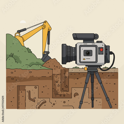 An excavator digs into the ground, revealing layers of earth and buried objects, while a video camera on a tripod records the excavation.
