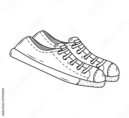  Black and white contour vector illustration of shoes. Sneakers, unisex, in the style of line art. Vector illustration.