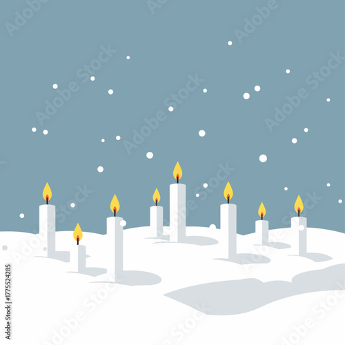 A serene winter scene with multiple white candles lit and glowing amidst falling snow.