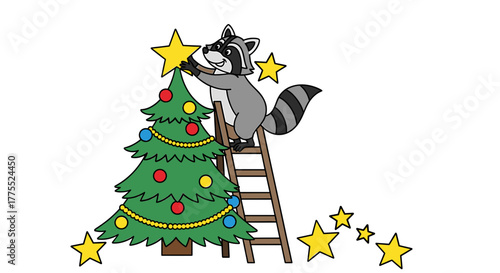 A cartoon raccoon on a ladder placing a yellow star on top of a decorated Christmas tree with ornaments and garland.