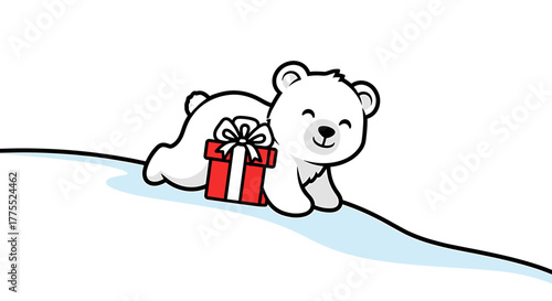 A cute polar bear cub crawling on snow, carrying a red gift box with a white bow.