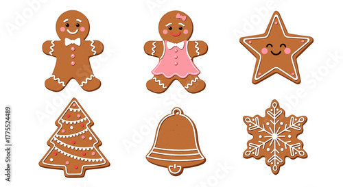 Festive gingerbread cookies: man, woman, star, tree, bell, and snowflake shapes decorated with white icing.