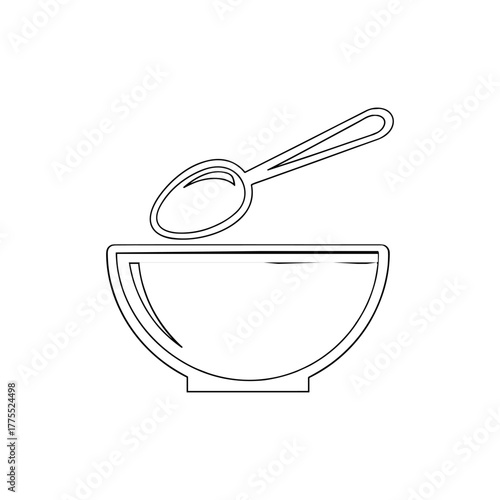 A simple line drawing of a bowl with a spoon resting on top of it.