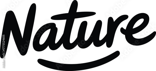 Nature typography logo design, bold cursive lettering, black text on white background, eco branding, minimalist style, organic theme, modern calligraphy