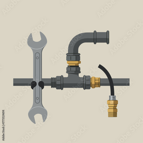 A detailed illustration of plumbing pipes, fittings, a hose connection, and a wrench.