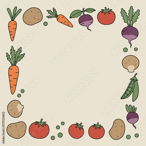 Hand-drawn illustration of a vegetable border with carrots, potatoes, tomatoes, radishes, mushrooms, and peas on a light background.