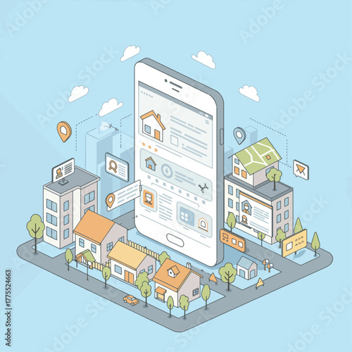 Isometric illustration of a mobile real estate app showing property listings and a city map with houses and buildings.