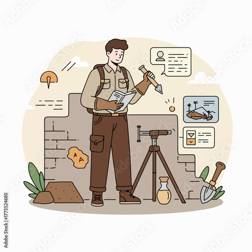 A detailed illustration of an archaeologist or surveyor working at a dig site, examining artifacts and using surveying equipment.