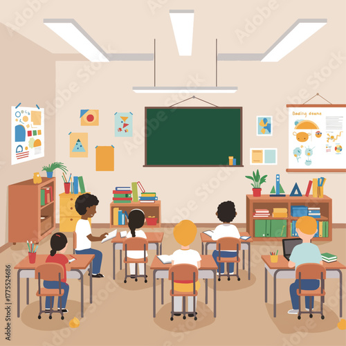 Diverse group of young students learning in a bright and organized classroom setting with desks, books, and a blackboard.