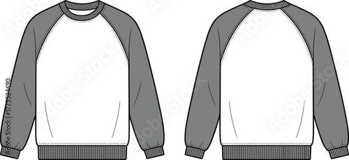 Raglan sweatshirt, crew neck pullover, long sleeve top, fashion flat sketch, technical drawing, apparel design, clothing template, casual wear, front back view