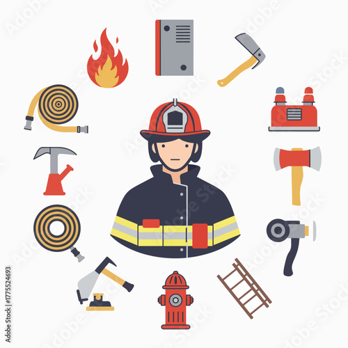 A firefighter surrounded by essential tools and equipment for fire safety and emergency response.
