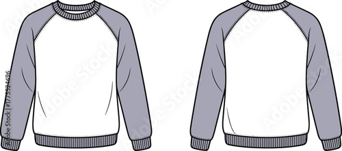 Raglan sweatshirt, crew neck pullover, long sleeve top, fashion flat sketch, technical drawing, apparel design, clothing template, casual wear, front back view