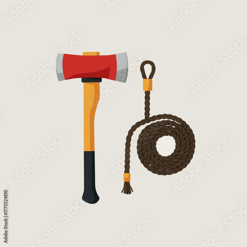 Illustration of a double-bladed axe with a red head and a yellow handle next to a coiled brown rope.