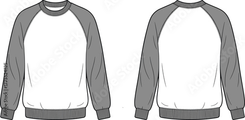 Raglan sweatshirt, long sleeve pullover, fashion flat sketch, technical drawing, apparel design, clothing template, casual wear, front back view, vector illustration