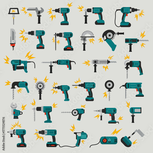 A comprehensive collection of various power tools and hand tools, including drills, grinders, saws, and wrenches, presented as flat design icons.