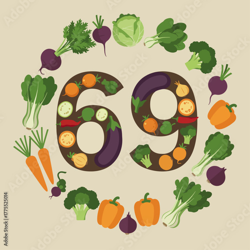 Number 69 made from various colorful vegetables and fruits, surrounded by a circular wreath of fresh produce on a light background, promoting healthy eating.