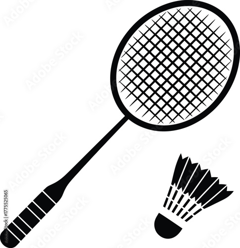 Black badminton racket and shuttlecock icon illustration on transparent background silhouette