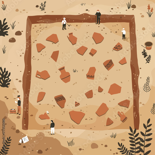 An archaeological dig site revealing ancient pottery fragments and artifacts with archaeologists carefully excavating the area.