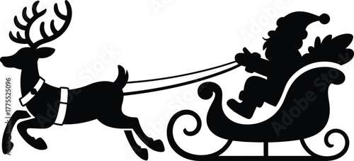 Festive reindeer pulling santa in a sleigh on transparent background silhouette