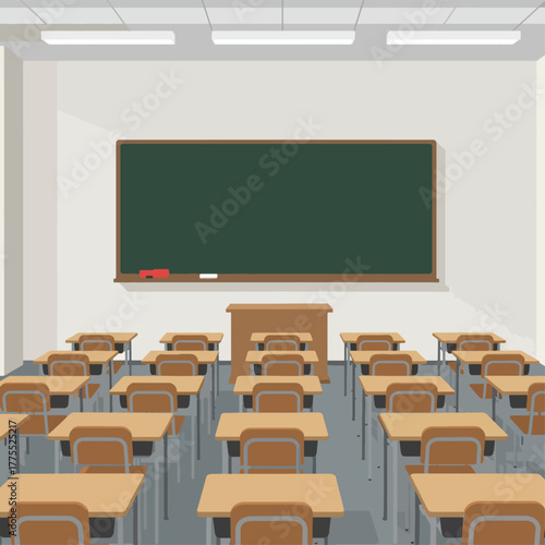 An empty classroom with rows of desks facing a large green chalkboard and a teacher's podium.