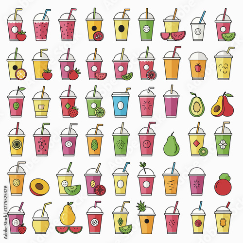 A vibrant collection of cartoon-style fruit smoothies and juice drinks in various cups with straws, featuring a wide array of colorful fruits and beverages.