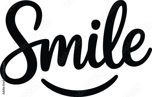 Smile typography design, cursive lettering logo, brush script word art, positive message text, cheerful calligraphy, happy branding illustration, motivational handwritten style