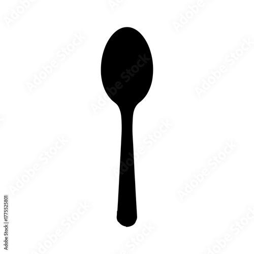 A simple black silhouette of a spoon on a white background, representing a common eating utensil.