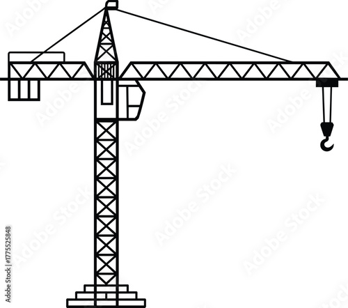 Tower crane illustration, construction equipment drawing, industrial machinery sketch, detailed engineering design, heavy lifting structure, architecture tool, building site graphic