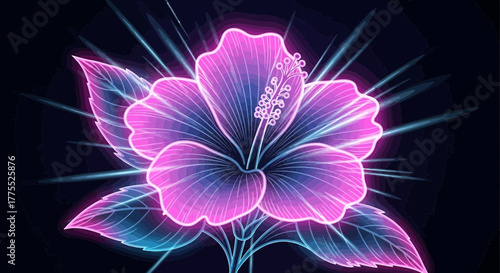 Vibrant glowing hibiscus with graphic lines on a dark gradient background