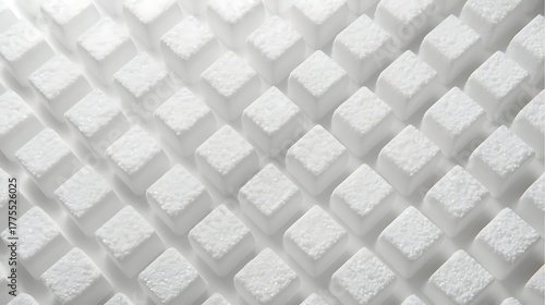 Geometric pattern of white sugar cubes, neat rows, simple and bright photo.