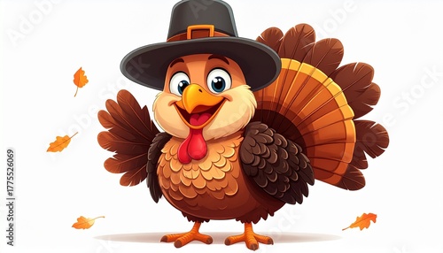 Cartoon Turkey Wearing Pilgrim Hat with Scalloped Feathers and Expressive Eyes on White Background Symbolizing Thanksgiving Celebration Holiday Cheer and Editorial Character Design for Seasonal and Li