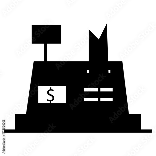 Solid black silhouette of a cash register with a dollar sign label. Modern minimal design symbolizing retail, sales, or payment systems. Vector illustration isolated on white background.